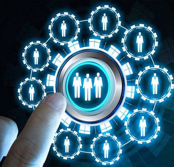 Digital HR technology concept showing workforce management system for employee organisation and recruitment.